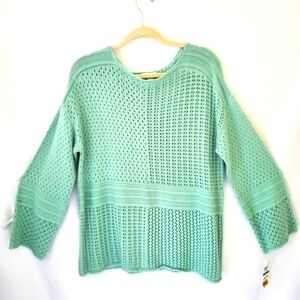 Open Weave Bell Sleeve Sweater Size L Mint Green Knit Coastal Pastel Spring NEW